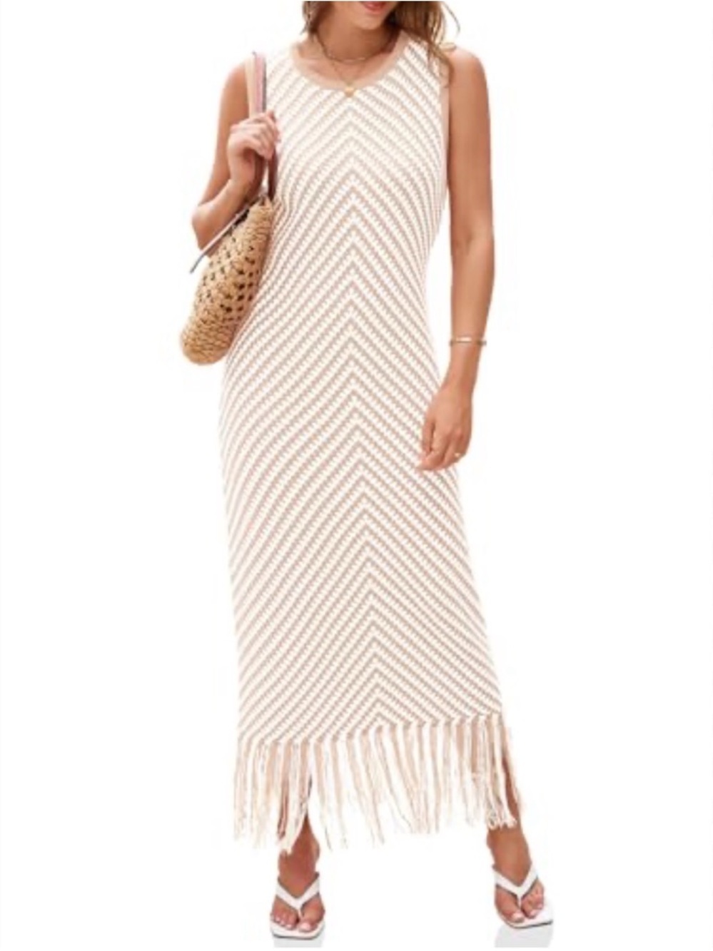 crochet fringe Chevron Maxi sleeveless Dress in Cream